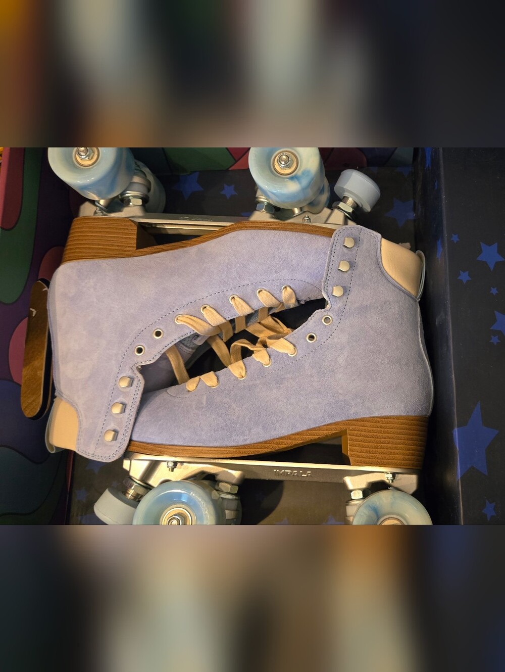 Dusty Blue Suede Heeled Roller Skates with Cream Laces